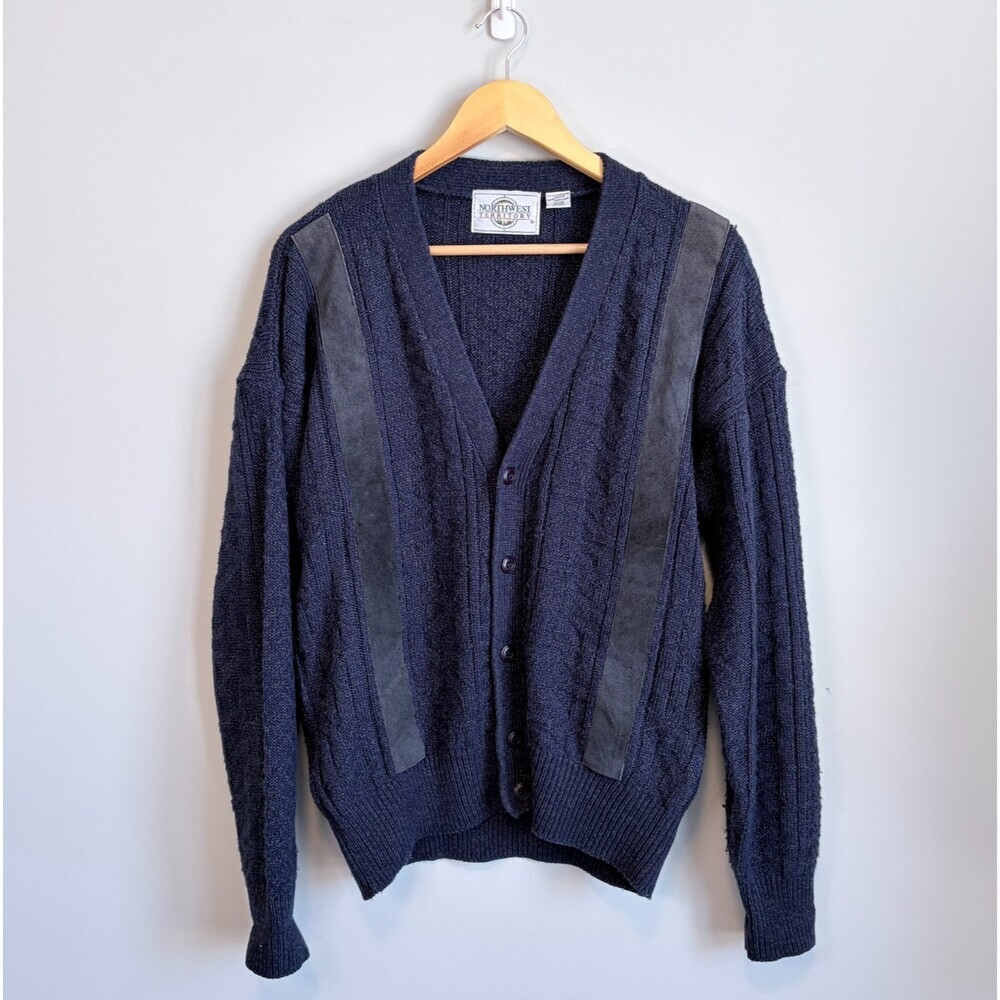 Vintage Northwest Territory Cardigan Sweater Suede Fisherman Heritage Blue Men M
